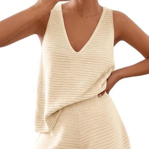 LILLUSORY Women's Summer 2 Piece Vacation Sets Beach Outfits | Breathable,Soft Material,Crochet,Matching Co ord Sets,Knitted,Cute Pajamas,V neck Tank,Short