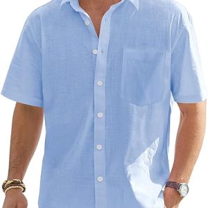 J.VER Mens Linen Shirt Short Sleeve Button Down Casual Summer Shirts | Cotton Linen, Untucked, Big Tall, from Beach Camp Vacation, Cruise Fishing, Work Office, to Wedding Party Family, with Pocket