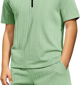 Haloumoning Boys 2 Piece Summer Outfits Kids Quarter Zip Polo Shirt and Shorts Set Athletic Tracksuit 5-14 Years