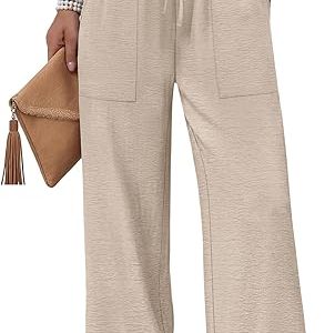 WIHOLL Women's Wide Leg Pants with Pockets Drawstring Loose Trousers Business Work Pants Summer Beach Vacation Clothes
