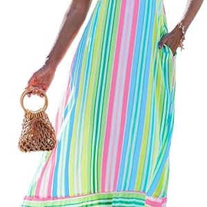 popvil Women Summer Maxi Dress 2026 Spaghetti Strap Long Beach Dress | Flowy Sundress, Adjustable Straps, Smocked Back, Side Pockets, Resort Wear for Vacation, Garden Party, Cruise