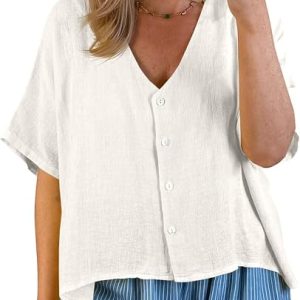Tankaneo Womens Shirt Tops Batwing Short Sleeve Blouse Button Down Shirts | Summer Casual Oversized V Neck