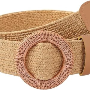 Boho Straw Woven Elastic Belt for Women Stretchy Waist Braided Belt Adjustable Wide Belts for Summer Vacation Beach Dress with Round Buckle
