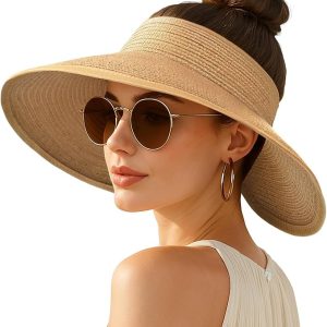 Women's Sun Visor Hats Wide Brim Straw Beach Hat Ponytail Hats for Women Foldable Floppy