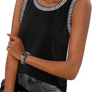 MEROKEETY Womens Summer Tank Tops Striped Casual Sleeveless Shirts | Wide Strap, Crew Neck, Thick Strap, Dressy Casual T shirts, Trendy, Cute, Basic, Color Block, Loose Fit, Beach Vacation