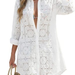 Women Eyelet Swimsuit Cover Ups Button Down Beach Shirt Dress Long Sleeve Bathing Suit Cover Up Blouse with Pockets