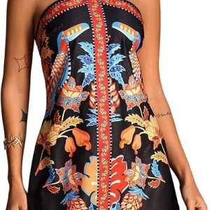 RoseSeek Women's Floral Boho Dress Criss Cross Tie Backless Mini Dresses Halter A Line Sundress