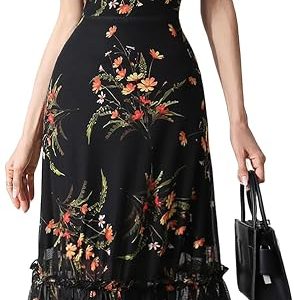 GothDark Women's Summer Floral Mesh Ruffle Casual Maxi Wedding Guest Dress | A-Line, Sheer Mesh, Short Sleeve, Round Neck, Waist Cinched, Party, Formal, Bridal Shower, Cruise, Dinner, Elegant Dresses