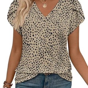 WIHOLL Womens Tops Dressy Casual Petal Sleeve Summer Spring Short Sleeve V Neck Shirts Work Business Vacation Clothes 2026