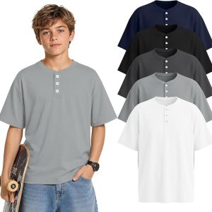 5 Pack Boys Oversized Henley Shirts | School Uniform, Back to School, Short Sleeve Top, Loose Tees, 3 Buttons, Casual, Summer, Basic, 5-14 Y, Soft, Multipack