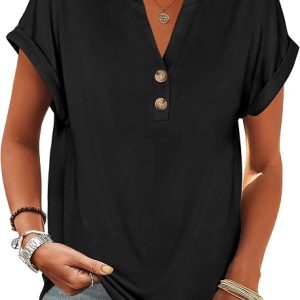 ANRABESS Womens Short Sleeve Henley Tops V Neck Dressy Casual Blouses Summer Trendy Tee Shirts 2026 Vacation Fashion Clothes