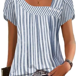 Womens Petal Sleeve Tops Summer Trendy T Shirt Casual Loose Square Neck Button Blouse Tees