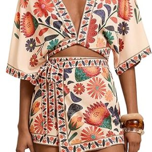 RoseSeek Women's 2 Piece Tropical Vacation Outfits Crop Top and Skirt Sets | Cute Beach Outfits, Island Vacation, 2 Piece Skirt Sets, Boho, Half Sleeve Top and Wrap Skirts