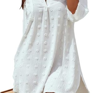 Blooming Jelly Womens Swimsuit Coverups White Chiffon Bathing Suit Cover Up | features front pocket,rollable sleeves,side split, asymmetrical hem,perfect for beach,pool