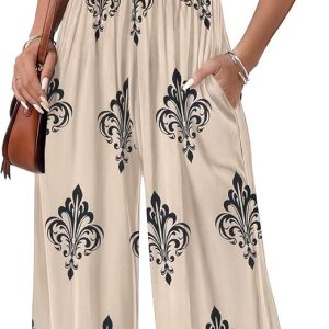 Ekouaer Womens Jumpsuits Smocked Casual Summer Boho Outfits Vacation Jumper | Floral Jumpsuit for Women Dressy, Cruise Travel Printed Comfy Rompers, Beach Clothes with Pockets