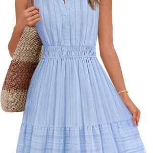 MEROKEETY Womens Summer Casual Beach Vacation Sleeveless Mini Sundress 2026 | V Neck, A Line, Solid Color, Ruffle Hem, Flowy Swing Sun Dress, Elastic Waist, Cotton, Wedding Guest Graduation Short Dress