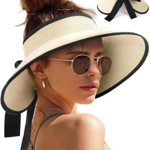 Camptrace Women's Straw Sun Visor Hat UPF Wide Shade Ponytail Summer Hat | Premium Paper Straw, Open Top For Messy Buns, Packable For Travel, Adjustable Hook And Loop Closure, Summer Vacation Staple.