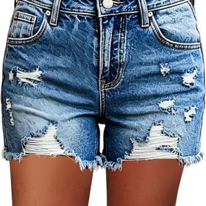 Flamingals Ripped Stretchy Jean Raw Hem Shorts for Women | Low Waist Casual Trendy Denim Shorts, Jean Shorts for Women, Denim Fabric, Stretch Comfort, Stretchy