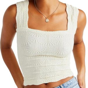 Women's Square Neck Wide Strap Crop Tank Tops Flower Going Out Tops Slim Fit Lettuce Trim Crop Cami Tops