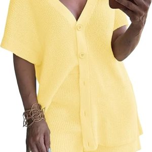 Saodimallsu Womens 2 Piece Short Sets Summer Vocation Outfits Lounge Set | Oversized,Sweater Set,Cap Sleeve,Button Down,Cardigan Tops for Women,Fashion Beach Cover Ups
