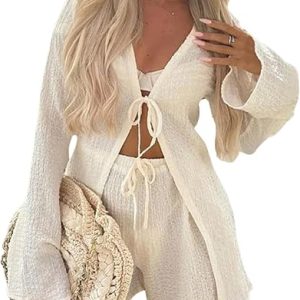 GORGLITTER Women's 2 Piece Crochet Linen Sets Beach Vacation Boat Outfits | Coastal Brunch Miami Lake Outfits for Women, Beach Cover Ups, Y2k Outfit, Bell Long Sleeve Top