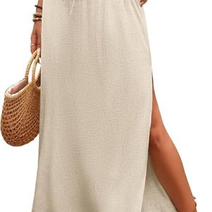 ELLEVEN Linen Straight Maxi Skirt with Side Slit-Long Flowy Skirt & Pocket | Elastic Waist Drawstring,Ankle-Length Skirt,Summer Trendy,Casual Beach Vocation,Low Rise Sexy Boho Skirts