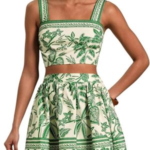 Floerns Women's Two Piece Outfit Tropical Crop Cami Top and Summer Skirts Set