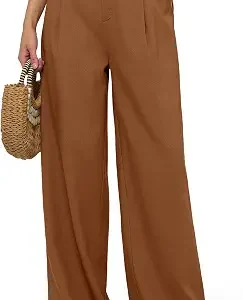 Women's Linen Pants with Pockets 29" 31" | Wide Leg, Dress Work Pants, Breathable, for Business Travel Casual Beach Summer 29" 31"