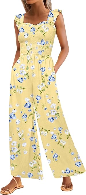 Caracilia Womens Jumpsuit Sleeveless Casual Dressy Smocked Wide Leg Rompers Summer Vacation Jumpers with Pockets 2026 Outfits
