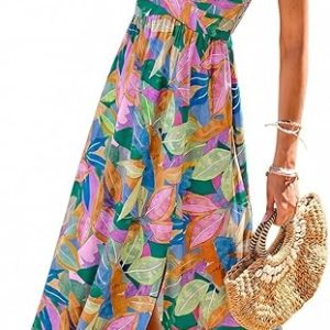 CUPSHE Women's Boho Paisley Tropical Deep V-Neck High Slit Maxi Dress | Adjustable Criss-Cross Straps, Open Back, Empire Waist Flowy A-Line Long Sundress, For Summer Beach Vacation, Resort Wear