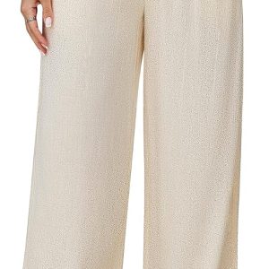 Linen Pants for Women Boho High Waist Wide Leg Flowy Palazzo Pants | Summer Beach Vacation Pants, Cold Water Wash, Soft Casual Pants, High Waisted Drawstring, Elastic Waist Trousers, Sheer
