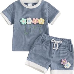 Amnnchya Toddler Baby Girl Outfits Floral Summer Clothes Infant Spring Waffle Short Sleeve Shirt Tops Cute Shorts Set