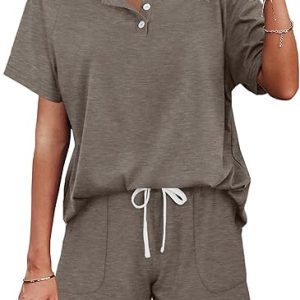 WIHOLL Two Piece Outfits for Women Lounge Sets Button Down Top and Shorts Set Sweatsuits with Pockets