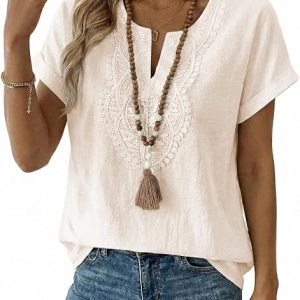 EVALESS Womens Tops Summer Spring 2026 Trendy Going Out Crochet Boho Tops | Dressy V Neck Short Sleeve Basic T Shirts,Fashion Work Business Casual,Cute Lace Loose Blouses,Beach Vacation Outfits Clothes