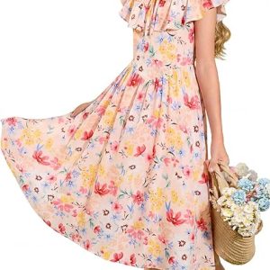 GRACE KARIN Girls Floral Dress Summer Midi Dress Off Shoulder Ruffle Spring Long Dresses