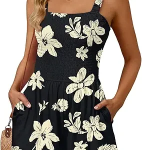 AUTOMET Rompers for Women Summer Vacation Beach Outfits | Floral Short Romper, Square Neck Overalls, 2026 Resort Wear, Casual Loose Jumpsuits, Lightweight fabric, For Cocktail Party