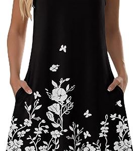 Zeagoo Womens Summer Dress 2026 Sleeveless Casual A-Line Tshirt Sundresses | Dress With Pocket,Floral Print,Crewneck,Aline Flowy Swing Mini Dress,Loose Tank Tshirt Dress,For Beach Vocation