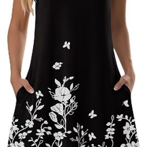 Zeagoo Womens Summer Dress 2026 Sleeveless Casual A-Line Tshirt Sundresses | Dress With Pocket,Floral Print,Crewneck,Aline Flowy Swing Mini Dress,Loose Tank Tshirt Dress,For Beach Vocation
