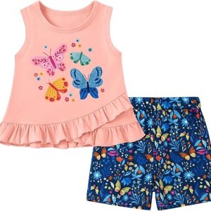 ZOEREA Toddler Girl Clothes, 2Pcs Baby Girl Summer Spring Outfits Sleeveless Tank Shirt Ruffle Top +Shorts Clothing Set 1-5T