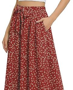 Askyes Womens Maxi Skirt Summer Trendy Tie Knot Elastic High Waisted Boho Casual Beach Flowy Swing Long Skirts with Pockets
