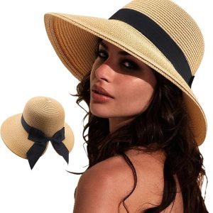 DRESHOW Sun Hats for Women Travel Fedora Foldable Beach Sun Hat Summer Wide Brim Straw Bucket Hat with Bowknot UPF 50+