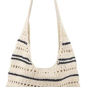 MINACHI Boho Crochet Navy Striped Lined Tote Bag | Cotton crochet, navy stripe pattern, fully lined, snap closure, beach vacation tote bag; a fun finishing touch for any bag