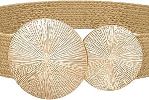 JASGOOD Women's Woven Straw Elastic Belt, Boho Rattan Waist Belt with Gold Buckle for Summer Dresses