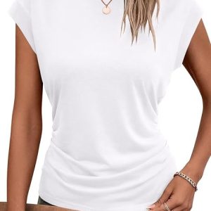 Bliwov Womens Summer Tops Cap Sleeve Crew Neck Casual T Shirts | Business Casual Clothes,School Teacher Outfits,Dressy Blouses,Ladies Cute Clothing for Beach Vacation,Office,Work,Daily