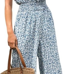 CUPSHE Women's Floral Mock Neck Sleeveless Wide Leg Jumpsuit with Pockets | Smocked Elastic Waist, Ruffle Trim Collar, Loose One Piece Overall, Summer Business Casual Wedding Vacation Maxi Jumpsuit