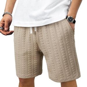 JMIERR Men‘s Cable Knit Textured 7.5 Inch Elastic Drawstring Casual Shorts | Above Knee Length, Deep Pockets, Comfy Flexible Waistband, Summer Vacation Beach Wear, Streetwear Fashion, Lounge Bottoms