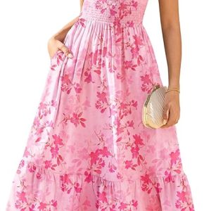 GRACE KARIN Women's Summer Floral Maxi Wedding Guest Dresses | Flowy a Line Long Dress,Ruffle Sleeve Smocked Sundress with Pocket,Garden Party,Semi Formal,Beach Vacation Outfits