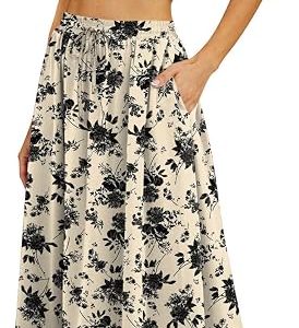 Women's Flowy Maxi Skirt Summer Pleated High Waisted Casual Long Skirts with Pockets