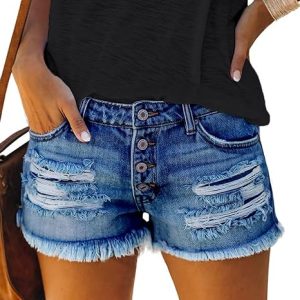 cordat Women's Mid Rise Ripped Stretchy Jeans Shorts Frayed Raw Hem Casual Denim Shorts
