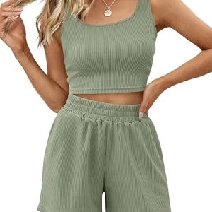 Trendy Queen Two Piece Summer Outfits 2 Piece Sets 2026 Sleeveless Matching Lounge Crop Top High Waisted Short